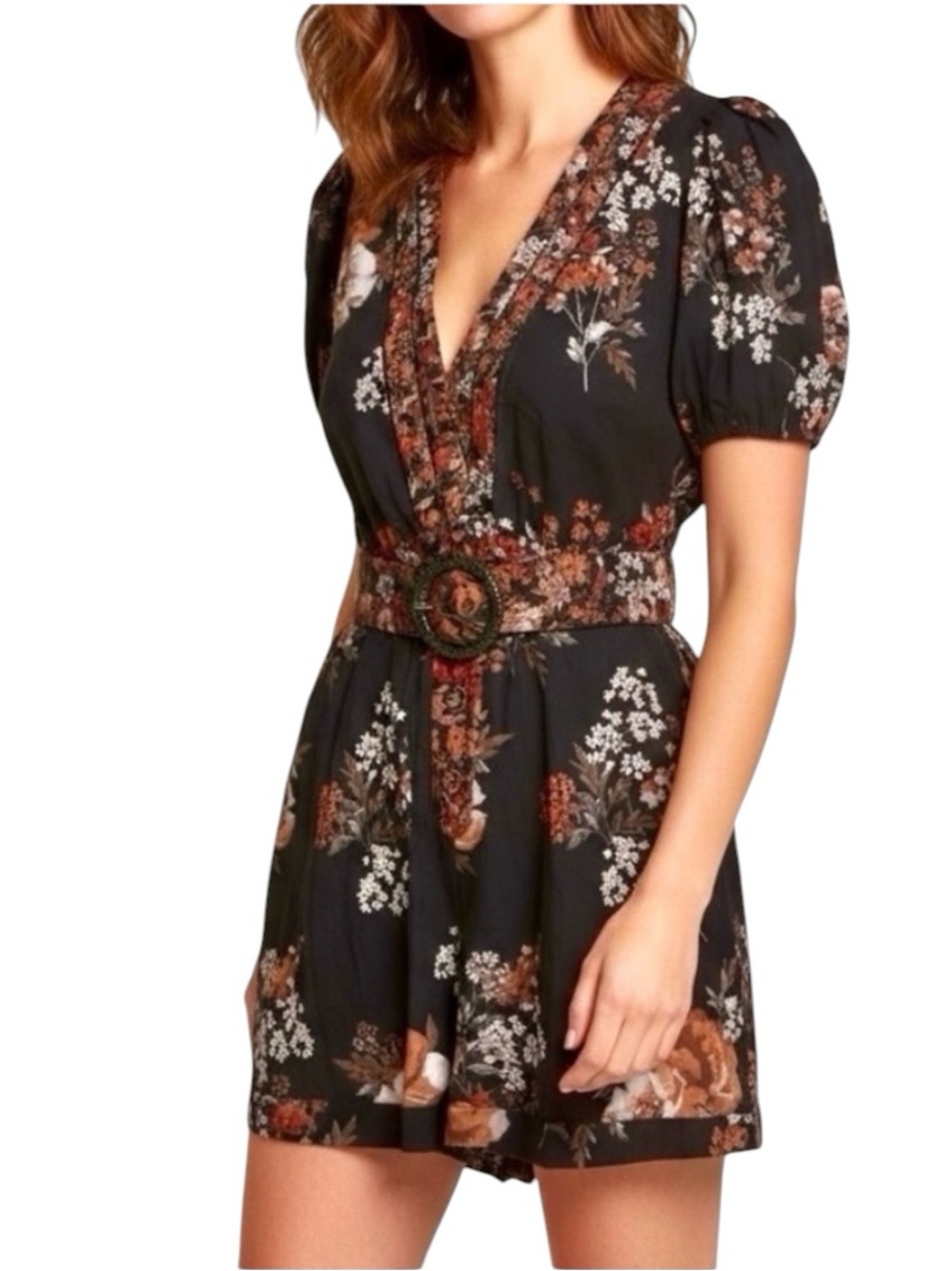 Caroline Constas - NWT Floral Linen Blend Romper Belted Puff Sleeve SZ 4